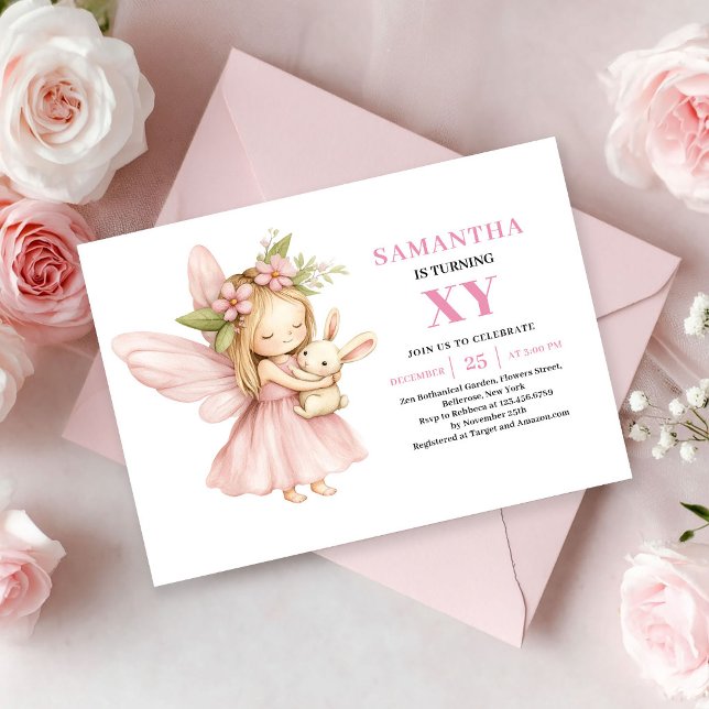 Invitación floral sonrosada de cumpleaños de niña  (Cute Pink Fairy Girl Birthday Floral Blush invitation)