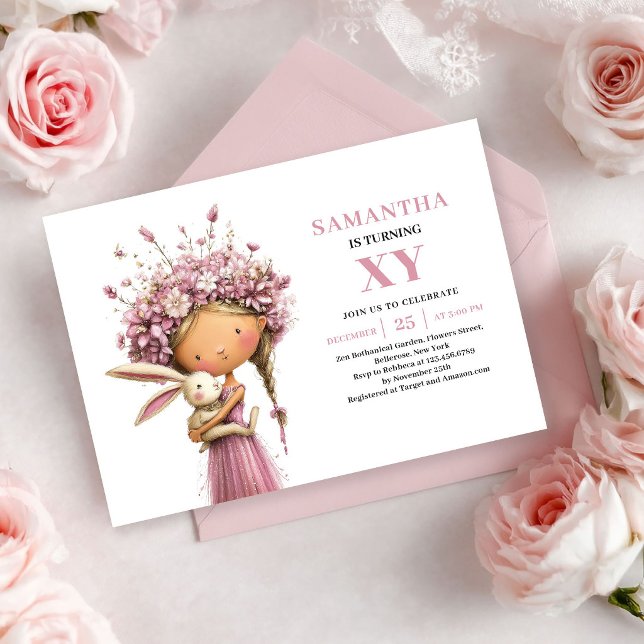 Invitación floral sonrosada para el cuarto cumplea (Whimsy Fairy Girl 4th Birthday Blush Floral invitation)