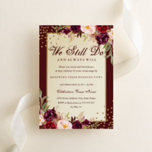 Invitación Floral Sparkle Borgoña Renovación de Votos Anivers