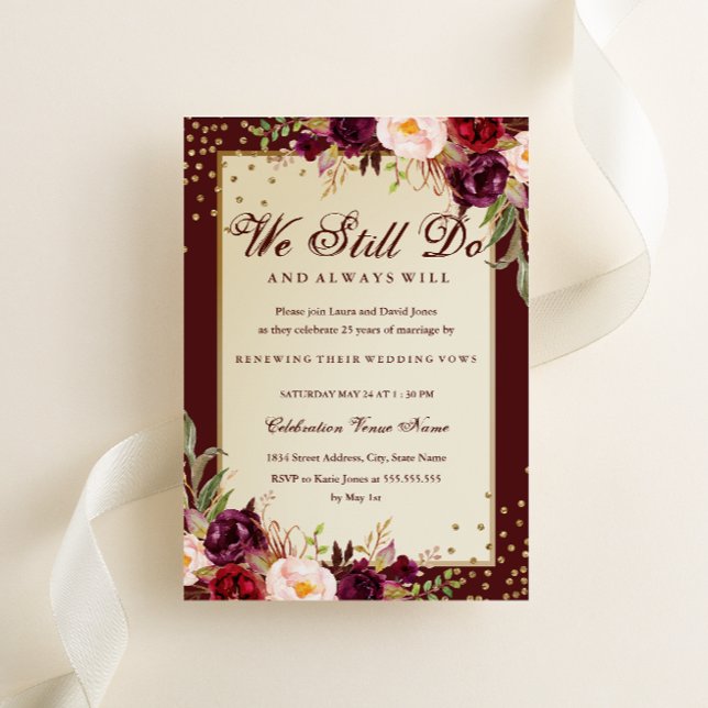 Invitación Floral Sparkle Burgundy promete aniversario de ren (Subido por el creador)