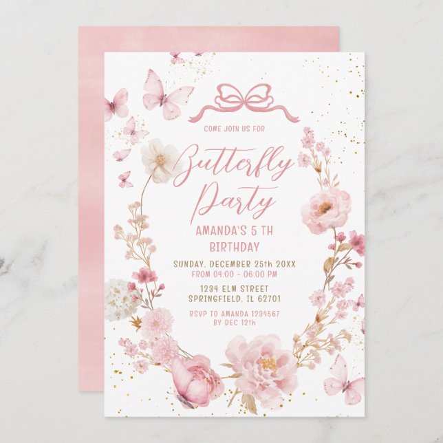 Invitación Floral Spring Garden Watercolor Butterfly Birthday (Anverso / Reverso)