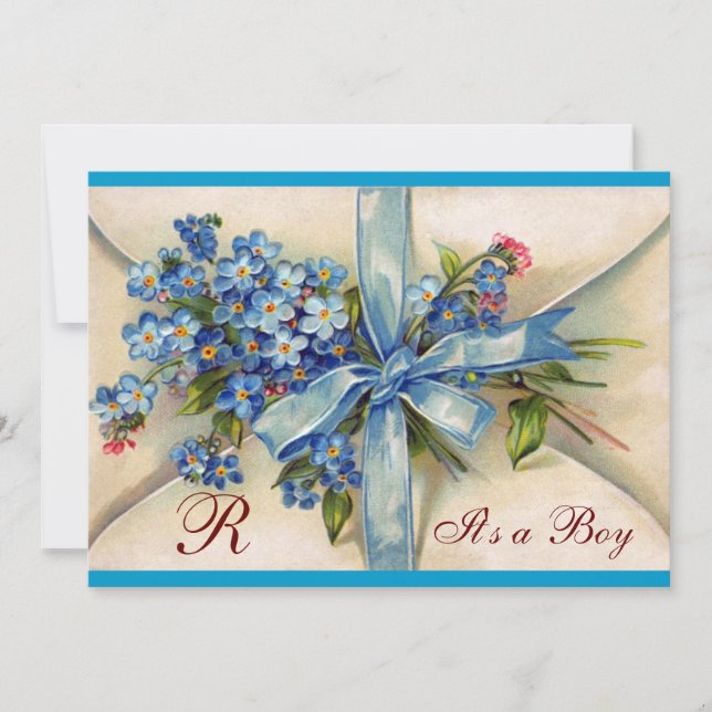 INVITACIÓN FLORAL STORK BABY SHOWER BLUE BOW FLOWERS MONOGRAM (Anverso)