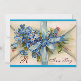 INVITACIÓN FLORAL STORK BABY SHOWER BLUE BOW FLOWERS MONOGRAM