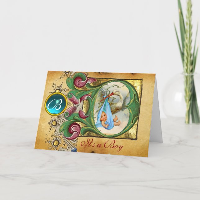 INVITACIÓN FLORAL STORK BOY BABY SHOWER BLUE GEM MONOGRAM (Anverso)