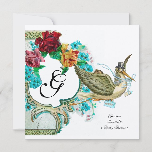 INVITACIÓN FLORAL STORK BOY BABY SHOWER MONOGRAM CON ROSAS (Anverso)