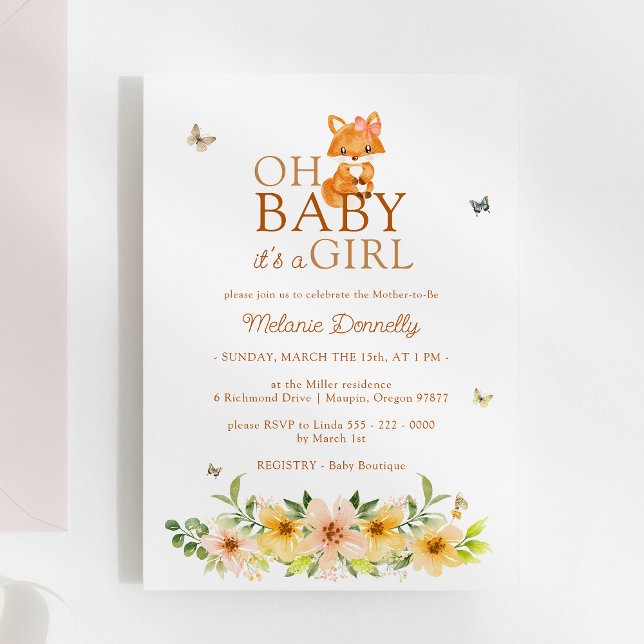 Invitación Floral Storybook Fox Oh Baby Girl Shower (Subido por el creador)