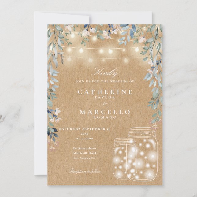Invitación Floral String Light Mason Jar Rustic Kraft Boda (Anverso)