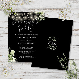 Invitación Floral String Lights Black White Engagement Party