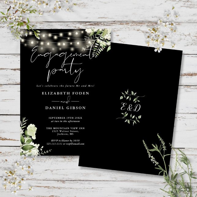 Invitación Floral String Lights Black White Engagement Party (Floral String Lights Black White Engagement Party Invitation)