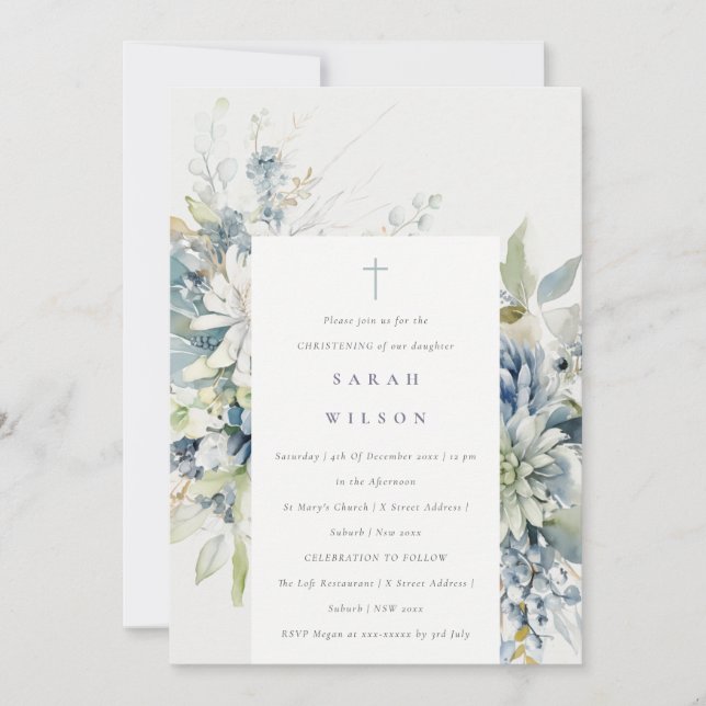 Invitación Floral suave azul verde suculento Christening (Anverso)
