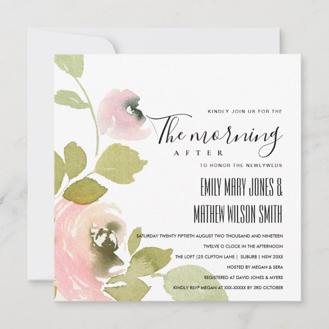 INVITACIÓN FLORAL SUAVE DE PASTEL DE RUBOR LA MAÑANA DESPUÉS  (Anverso)