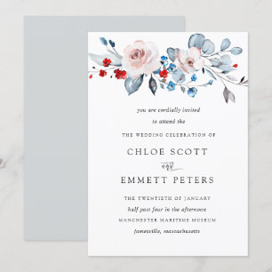 Invitación Floral suave rosa de Rubor azul un tinte de Boda r