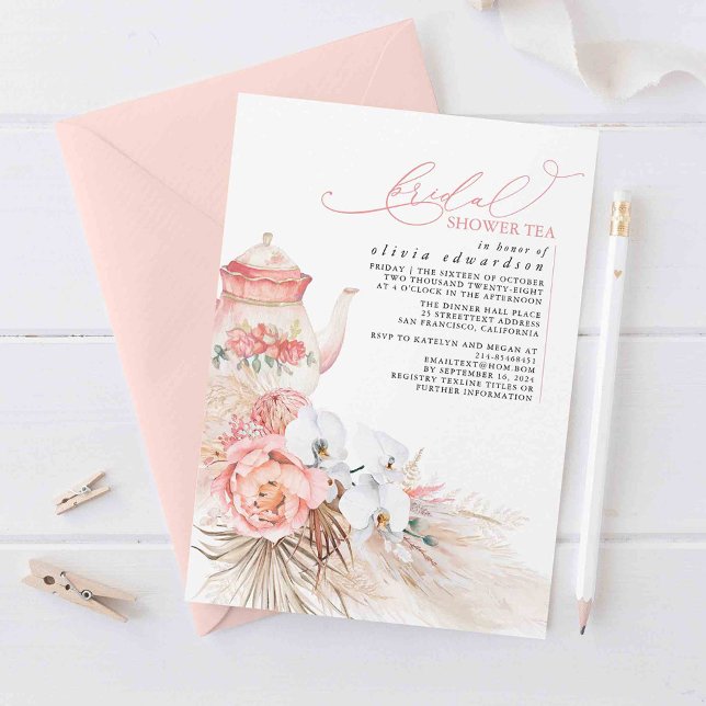 Invitación Floral suave rosa Pampas Grasas Brillante Té de du (Bridal Shower Tea Party Invitations Boho Florals and Teapot)