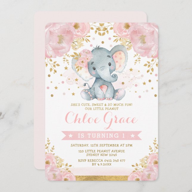 Invitación Floral suave Rubor Gold Elephant 1er cumpleaños de (Anverso / Reverso)