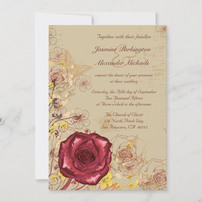 Invitación floral subió Borgoña del boda del (Anverso)