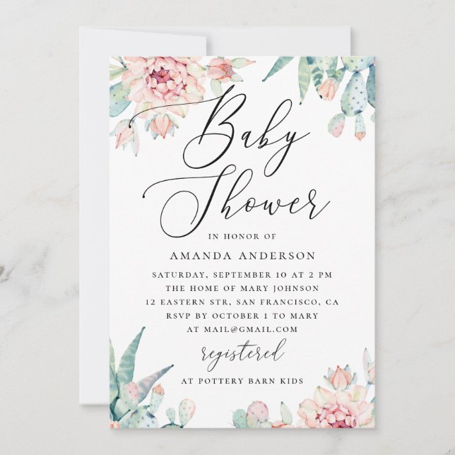 Invitación Floral Succulent Baby Shower | Elegant Boho Cactus (Anverso)