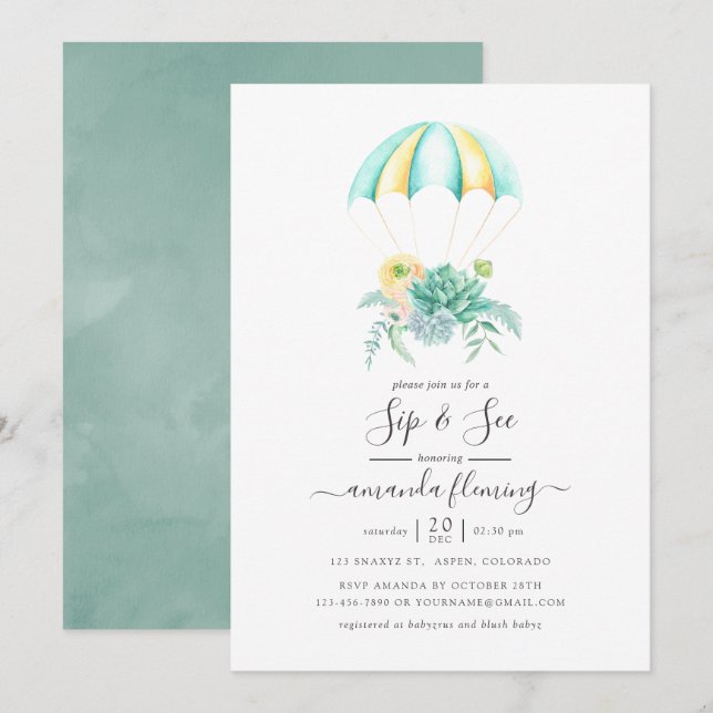 Invitación Floral Succulent Bouquet Parachute Sip y See (Anverso / Reverso)