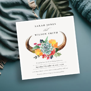 Invitación Floral Succulum Steer Horns Boho Allure Boda