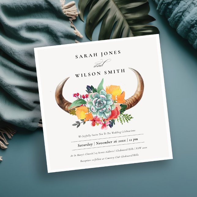 Invitación Floral Succulum Steer Horns Boho Allure Boda (Subido por el creador)