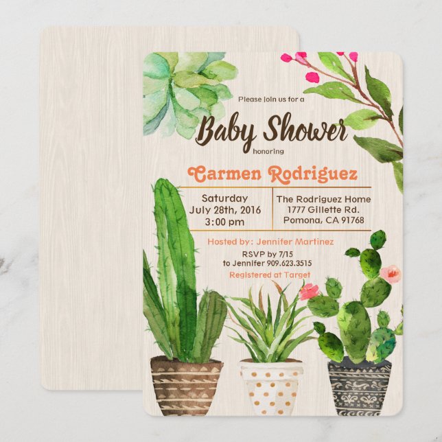 Invitación floral suculenta de Baby Shower del (Anverso / Reverso)