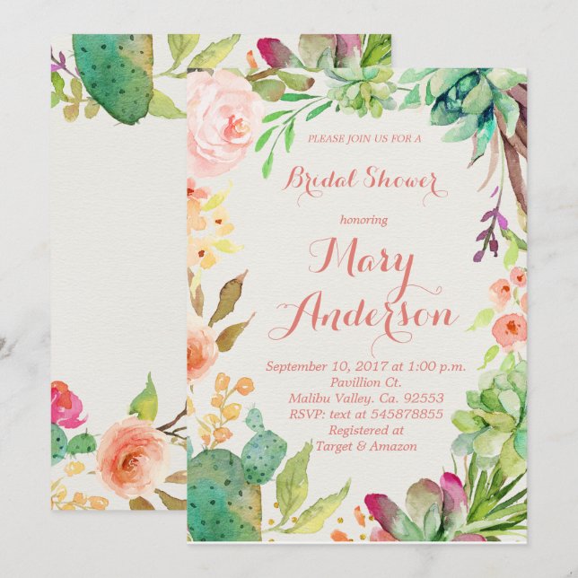 Invitación floral suculenta del cactus del oro (Anverso / Reverso)
