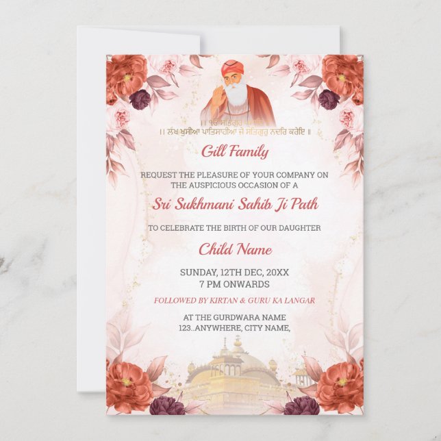 Invitación floral Sukhmani Sahib Paath (Anverso)