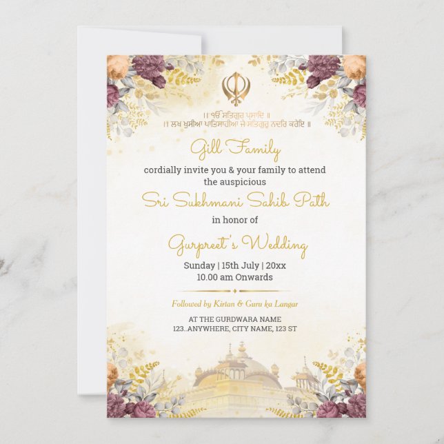 Invitación Floral Sukhmani Sahib Path Invitation card (Anverso)