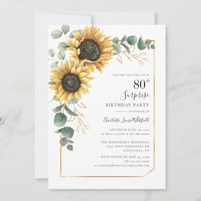 Invitación Floral Sunflower Botánico 80 cumpleaños (Anverso)