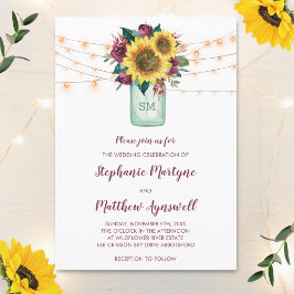 Invitación Floral Sunflower Burgundy Rose Lights Jar Wedding