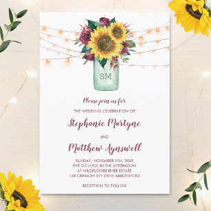 Invitación Floral Sunflower Burgundy Rose Lights Jar Wedding