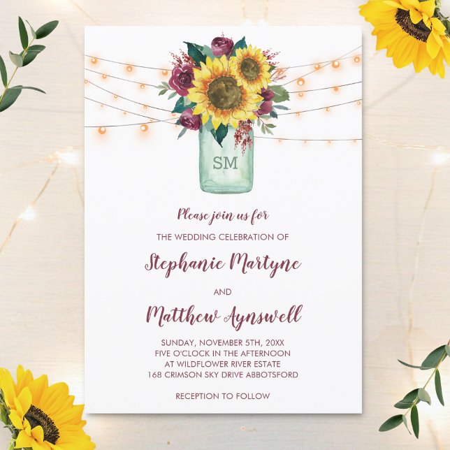 Invitación Floral Sunflower Burgundy Rose Lights Jar Wedding (Subido por el creador)