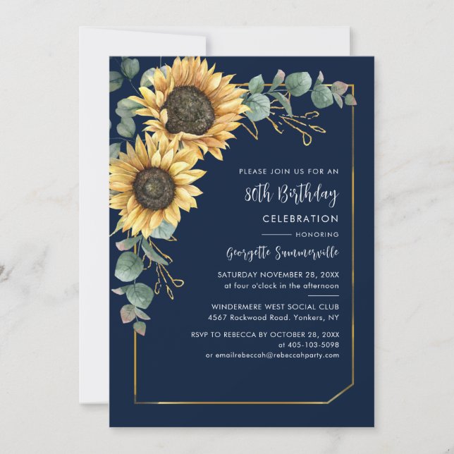 Invitación Floral Sunflower Eucalyptus 80 cumpleaños (Anverso)