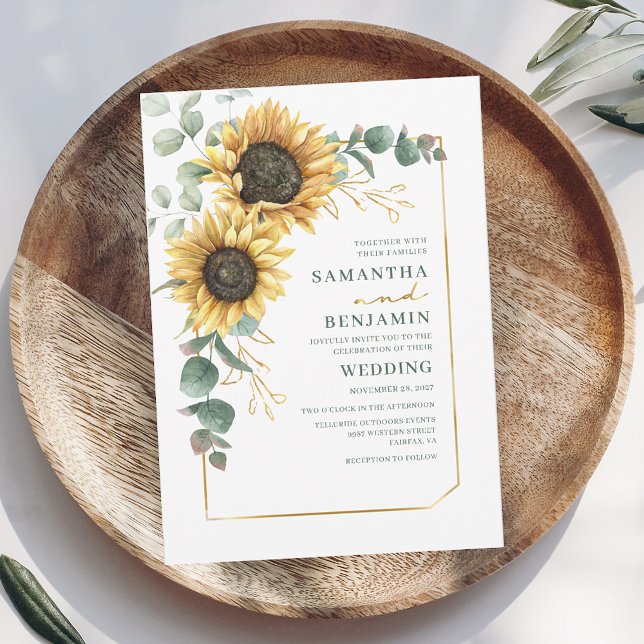 Invitación Floral Sunflower Greeneration Typography Boda (Floral Sunflower Eucalyptus First Names Wedding Invitation)