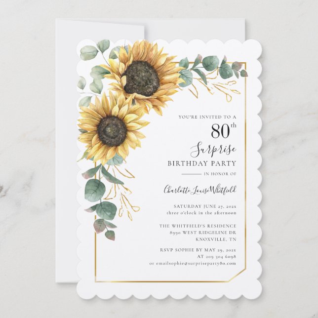 Invitación Floral Sunflower Greenery Sorpresa 80 cumpleaños (Anverso)