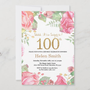 Invitación Floral Surprise 100th Birthday Gold Purpurina