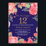 Invitación Floral Surprise 12th Birthday Gold Purpurina Blue<br><div class="desc">Invitación de 12º cumpleaños de Red Floral Surprise. Flor Floral Botánica de acuarela. Brillantina dorada. Flores Florales De Peonies Rosados. Cumpleaños de la Chica de Niños Lady. Fondo azul marino. Para una mayor personalización,  haga clic en el botón "Personalizar" y utilice nuestra herramienta de diseño para modificar esta plantilla.</div>