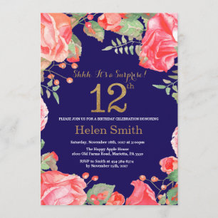 Invitación Floral Surprise 12th Birthday Gold Purpurina Blue