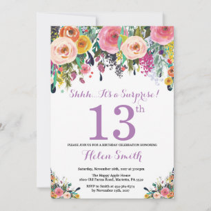 Invitación Floral Surprise 13th Birthday Invitation Purple