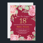 Invitación Floral Surprise 18th Birthday Gold Burgundy Red<br><div class="desc">Invitación de 18º cumpleaños de Floral Surprise para mujeres. Flor Floral Botánica de acuarela. Brillantina dorada. Flores Florales De Peonies Rosados. Cumpleaños de adultos. Fondo Rojo Borgoña. Para una mayor personalización,  haga clic en el botón "Personalizar" y utilice nuestra herramienta de diseño para modificar esta plantilla.</div>