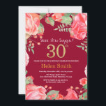 Invitación Floral Surprise 30th Birthday Gold Burgundy Red<br><div class="desc">Invitación de cumpleaños número 30 para mujeres de la Red Floral Surprise. Flor Floral Botánica de acuarela. Brillantina dorada. Flores Florales De Peonies Rosados. Cumpleaños de adultos. Fondo Rojo Borgoña. Para una mayor personalización,  haga clic en el botón "Personalizar" y utilice nuestra herramienta de diseño para modificar esta plantilla.</div>