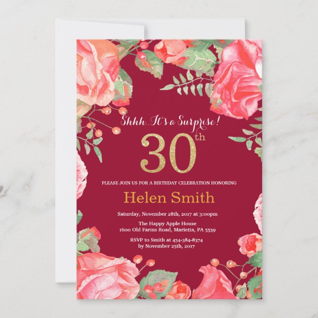 Invitación Floral Surprise 30th Birthday Gold Burgundy Red (Anverso)