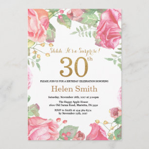 Invitación Floral Surprise 30th Birthday Gold Purpurina