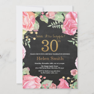 Invitación Floral Surprise 30th Birthday Gold Purpurina
