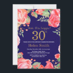 Invitación Floral Surprise 30th Birthday Gold Purpurina Blue<br><div class="desc">Invitación de cumpleaños número 30 para mujeres de la Red Floral Surprise. Flor Floral Botánica de acuarela. Brillantina dorada. Flores Florales De Peonies Rosados. Cumpleaños de adultos. Fondo azul marino. Para una mayor personalización,  haga clic en el botón "Personalizar" y utilice nuestra herramienta de diseño para modificar esta plantilla.</div>