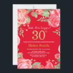 Invitación Floral Surprise 30th Birthday Gold Purpurina y Red<br><div class="desc">Invitación de cumpleaños número 30 para mujeres de la Red Floral Surprise. Flor Floral Botánica de acuarela. Brillantina dorada. Flores Florales De Peonies Rosados. Cumpleaños de adultos. Fondo Rojo. Para una mayor personalización,  haga clic en el botón "Personalizar" y utilice nuestra herramienta de diseño para modificar esta plantilla.</div>