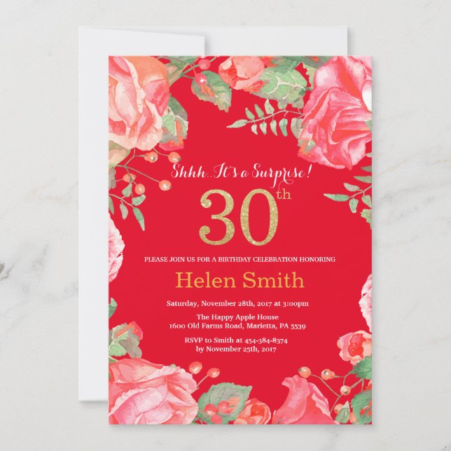 Invitación Floral Surprise 30th Birthday Gold Purpurina y Red (Anverso)