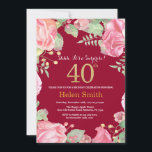 Invitación Floral Surprise 40th Birthday Gold Burgundy Red<br><div class="desc">Invitación de 40º cumpleaños para mujeres por sorpresa floral. Flor Floral Botánica de acuarela. Brillantina dorada. Flores Florales De Peonies Rosados. Cumpleaños de adultos. Fondo Rojo Borgoña. Para una mayor personalización,  haga clic en el botón "Personalizar" y utilice nuestra herramienta de diseño para modificar esta plantilla.</div>