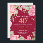 Invitación Floral Surprise 40th Birthday Gold Burgundy Red<br><div class="desc">Invitación de 40º cumpleaños para mujeres por sorpresa floral. Flor Floral Botánica de acuarela. Brillantina dorada. Flores Florales De Peonies Rosados. Cumpleaños de adultos. Fondo Rojo Borgoña. Para una mayor personalización,  haga clic en el botón "Personalizar" y utilice nuestra herramienta de diseño para modificar esta plantilla.</div>