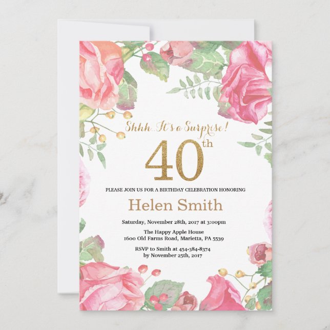 Invitación Floral Surprise 40th Birthday Gold Purpurina (Anverso)