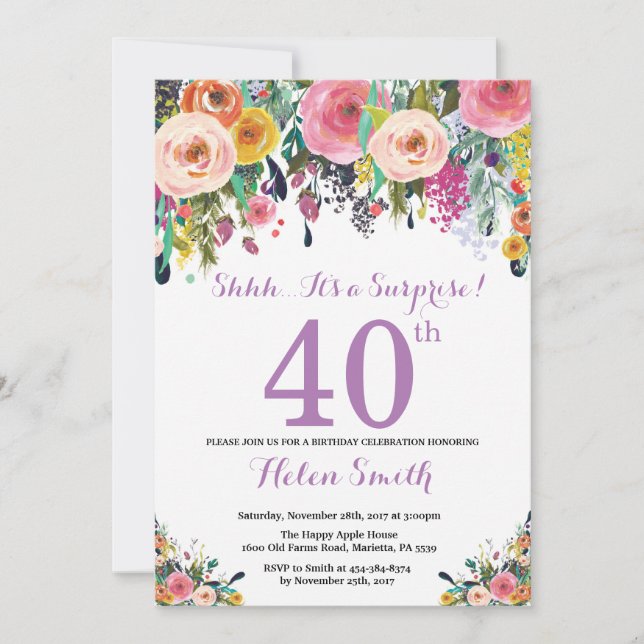 Invitación Floral Surprise 40th Birthday Invitation Purple (Anverso)
